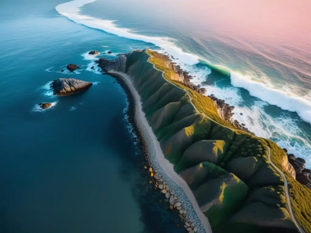 Fotografía aérea de un vibrante atardecer sobre la costa de Uruguay, con el sol dorado sumergiéndose en el horizonte