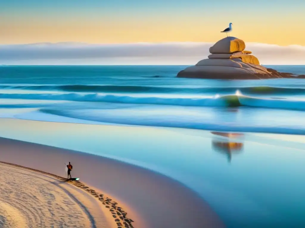 Paddleboarder surcando aguas cristalinas en Playa Brava, Punta del Este, Uruguay, con La Mano al fondo, bajo la suave luz matutina