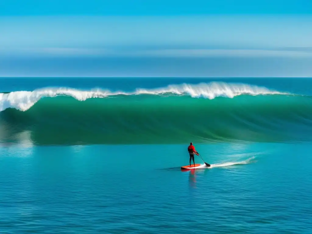 Paddleboarder en Uruguay surca aguas turquesas con paisaje sereno y cielo azul