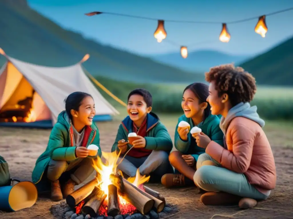 Alegre grupo de niños en campamento en Uruguay, disfrutando de snacks deshidratados alrededor de la fogata en la noche estrellada