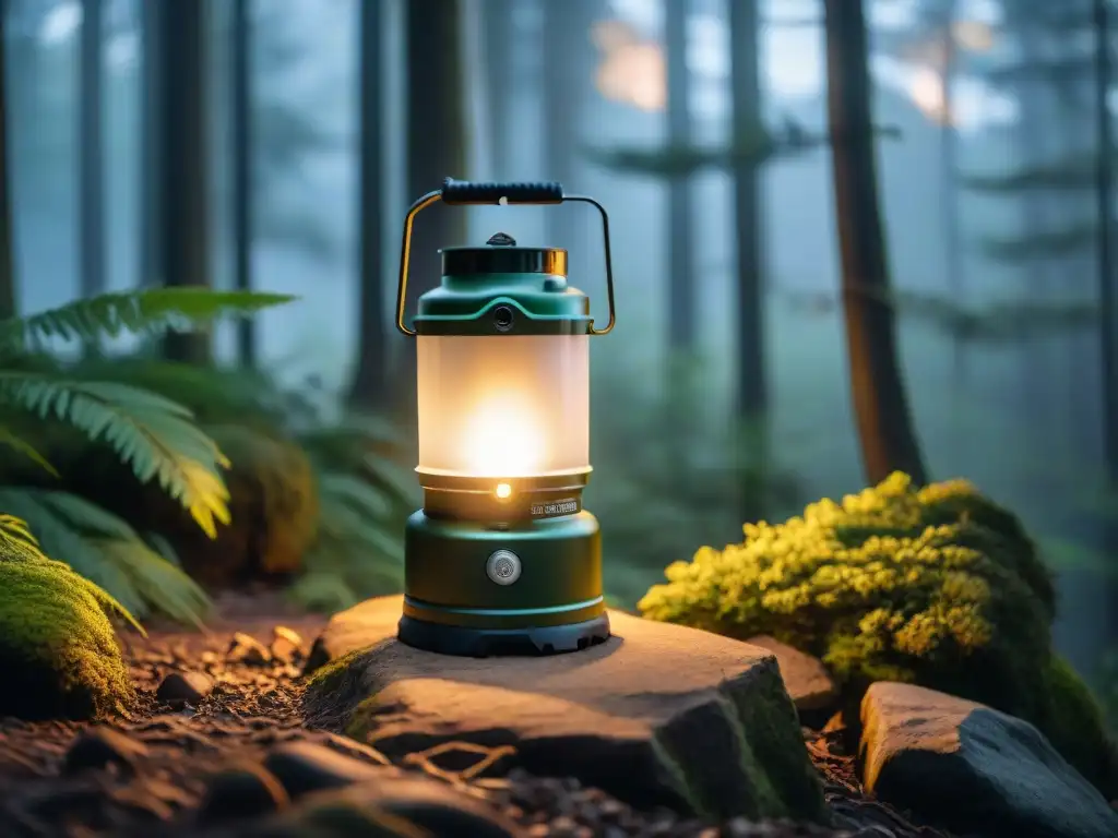 Linterna LED de alta calidad iluminando un denso bosque, resaltando la importancia de este equipo en la seguridad del camping