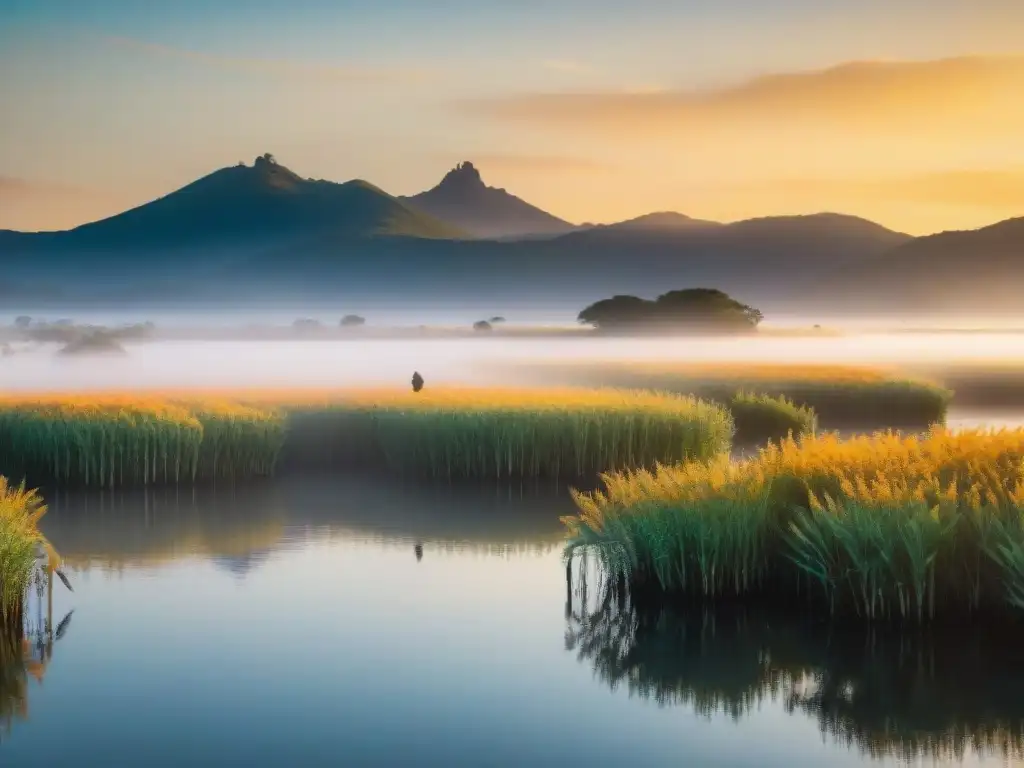 Un amanecer dorado sobre los tranquilos Esteros de Farrapos en Uruguay, un paraíso inexplorado para el birdwatching