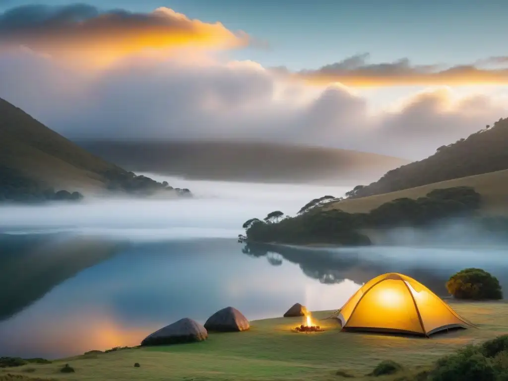 Un amanecer impresionante en un camping de Uruguay, con una luz dorada sobre un lago tranquilo