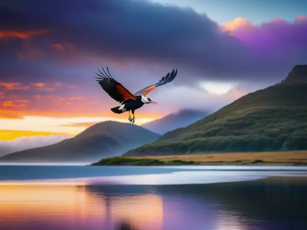 Un amanecer impresionante sobre Laguna Garzón en Parques Nacionales Uruguayos, con colores vibrantes y cóndor andino en vuelo