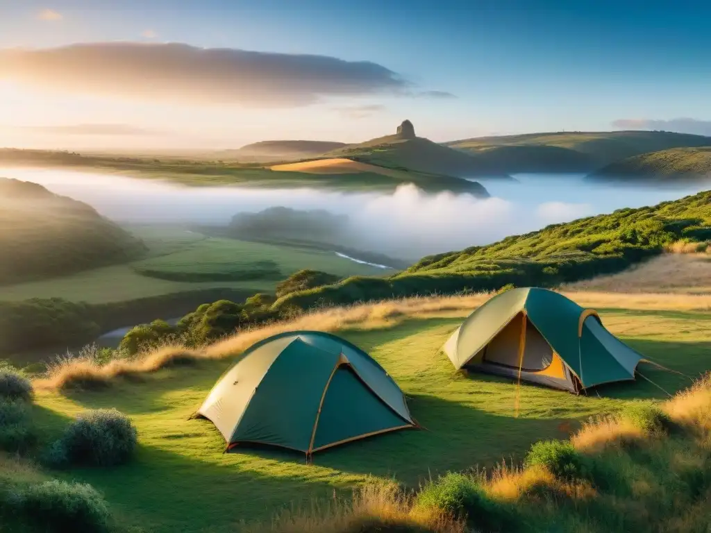 Amanecer mágico en el campo de Uruguay, con campistas preparando sus tiendas junto al río, rodeados de naturaleza exuberante y colinas lejanas