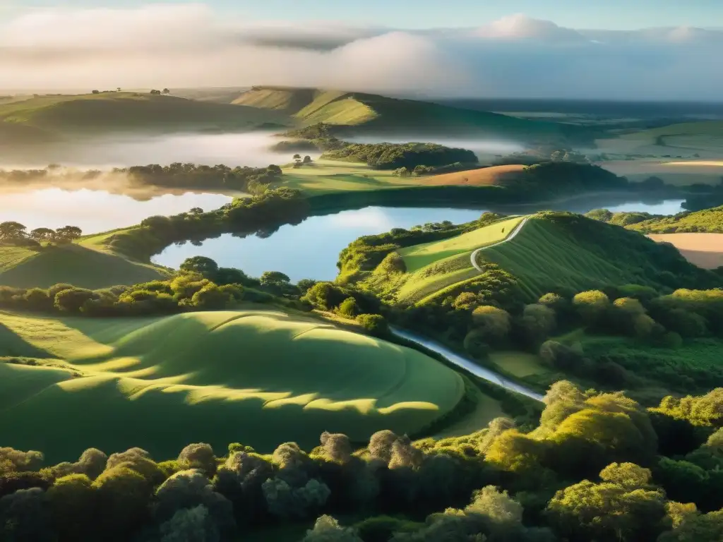 Un amanecer mágico en el campo de Uruguay, con la luz dorada filtrándose entre los árboles verdes y el río tranquilo reflejando el cielo