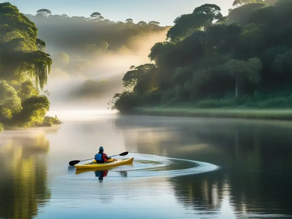 Un amanecer mágico en Uruguay: un kayak solitario surca un río tranquilo al amanecer, iluminado por la luz dorada del sol