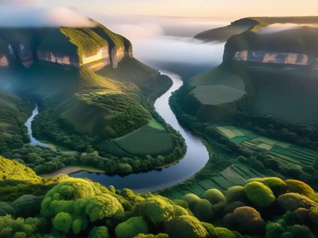 Amanecer mágico en Quebrada de los Cuervos, con la luz dorada iluminando la exuberante biodiversidad de Uruguay