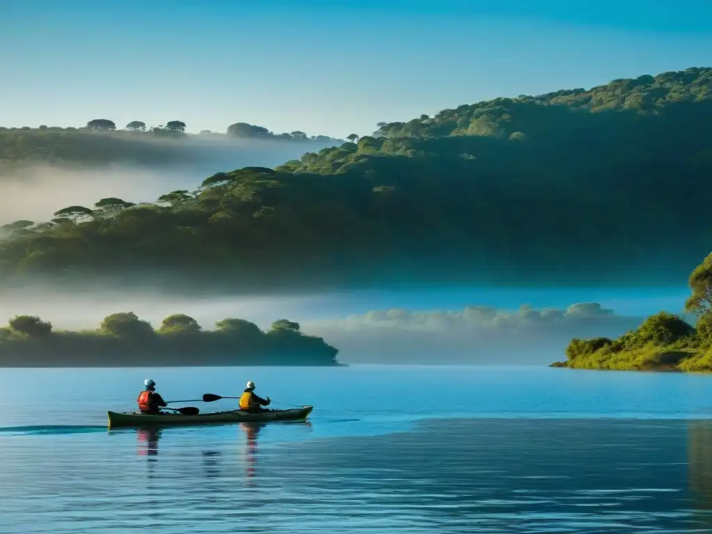 Un amanecer mágico en Río Negro, Uruguay: kayakistas y pescadores disfrutan de la serenidad del río