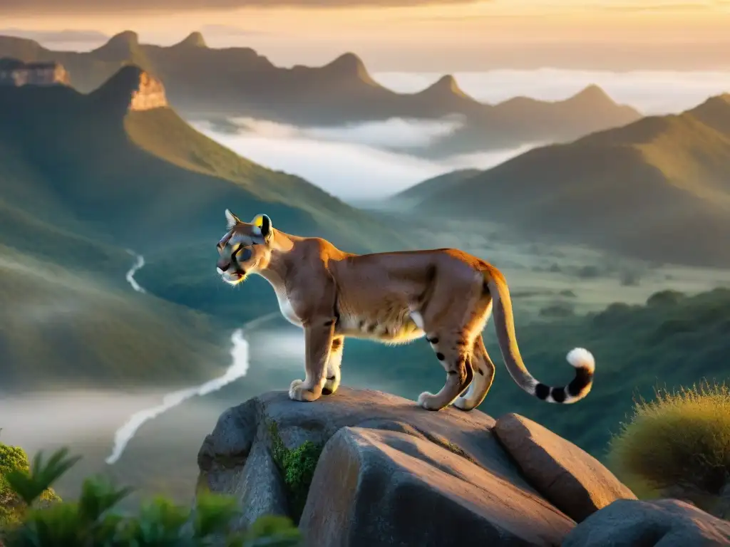 Un amanecer mágico en la Ruta del Puma Parque Santa Teresa: un majestuoso puma observa el paisaje salvaje al amanecer