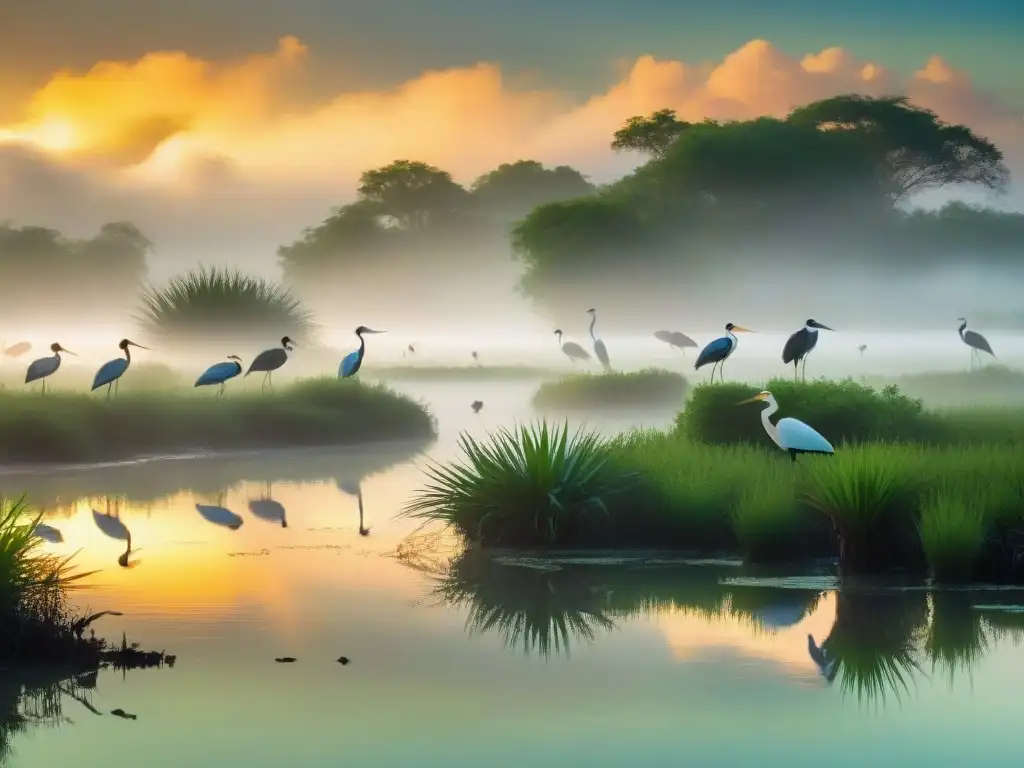 Un amanecer místico en los Bañados del Este con aves coloridas como garzas, ibis y espátulas en un sendero acuático