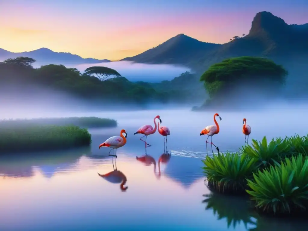 Un amanecer sereno sobre las aguas tranquilas del Sendero acuático Bañados del Este, con flamingos gráciles y coloridos