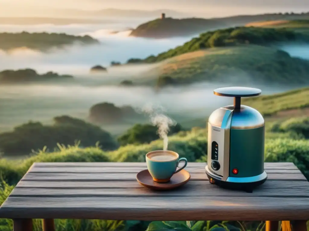 Un amanecer sereno en Uruguay con una cafetera portátil en la mesa de camping