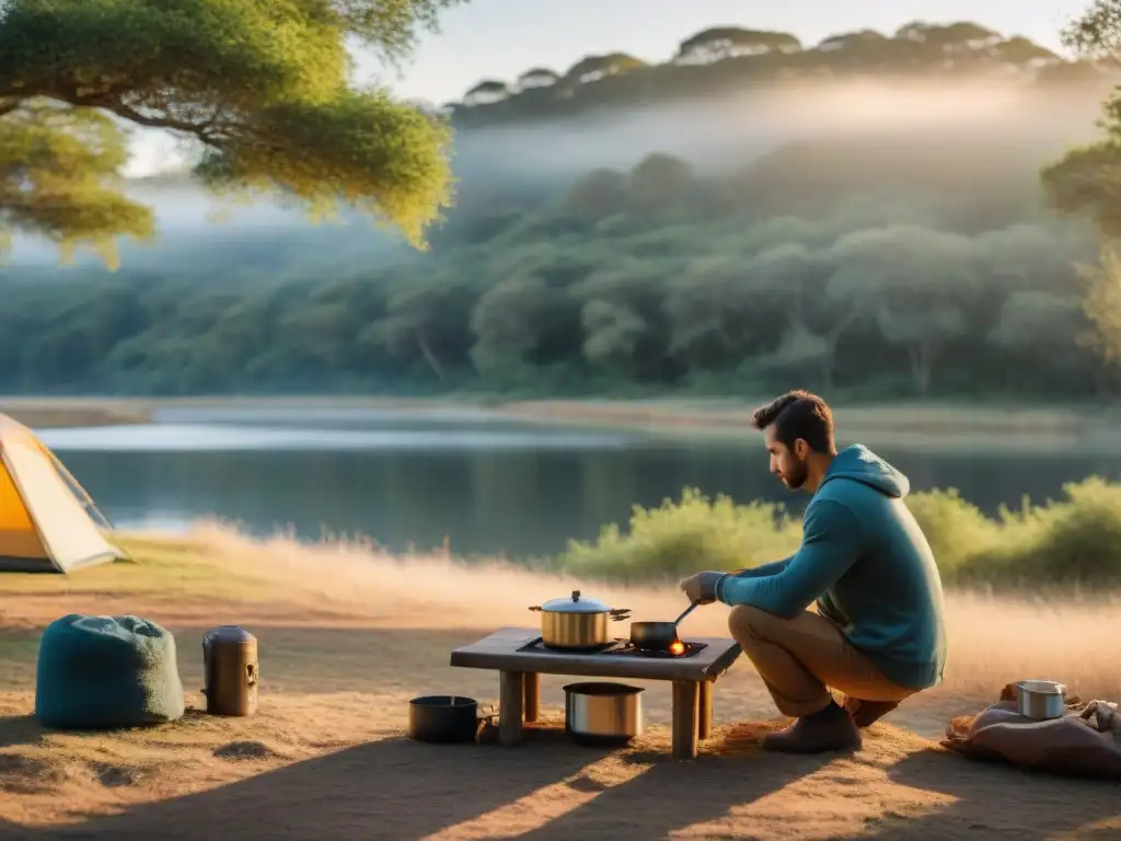 Un amanecer sereno en un campamento en Uruguay, con un campista preparando el desayuno de forma responsable