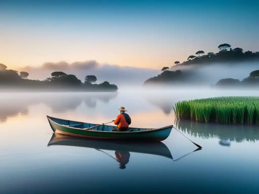 Un amanecer sereno en un lago de Uruguay, con verdor reflejándose en el agua, patos y pescador