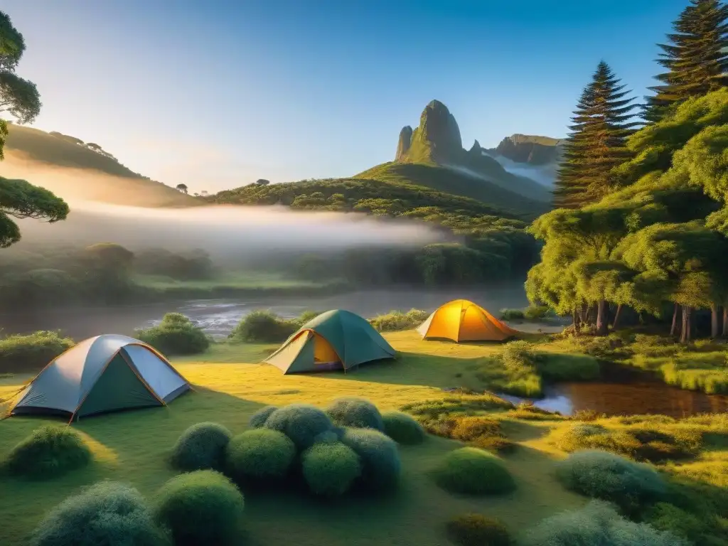 Un amanecer vibrante en un campamento sereno en la exuberante naturaleza de Uruguay