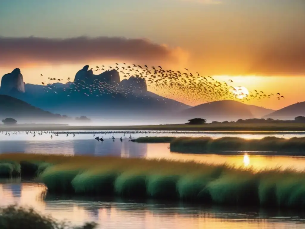 Un amanecer vibrante sobre humedal uruguayo muestra una diversidad de aves migratorias