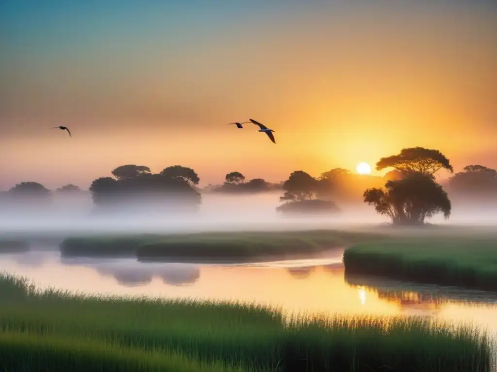 Un amanecer vibrante sobre los humedales de Uruguay, con aves en vuelo y reflejos en el agua, rodeado de vegetación exuberante y atmósfera brumosa