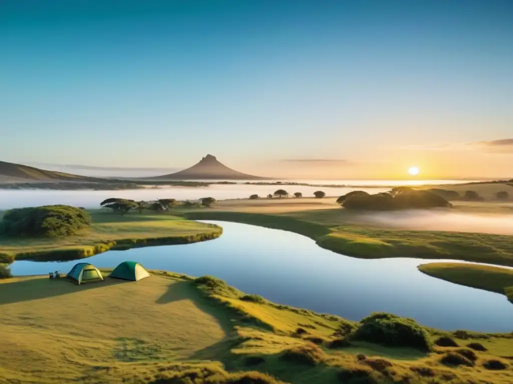 Amanecer vibrante sobre paisaje uruguayo, con arroyo cristalino y campistas al fondo