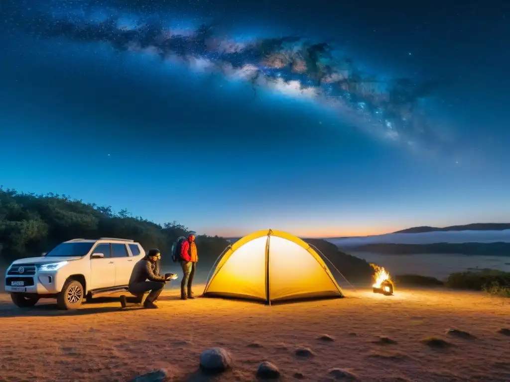 Amantes del camping montan tienda bajo cielo estrellado en la vasta naturaleza de Uruguay, planeando aventuras con el Mejor GPS para camping Uruguay