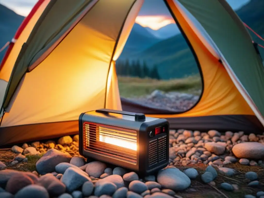 Un ambiente acogedor de camping nocturno con un calentador portátil irradiando calidez en la tienda