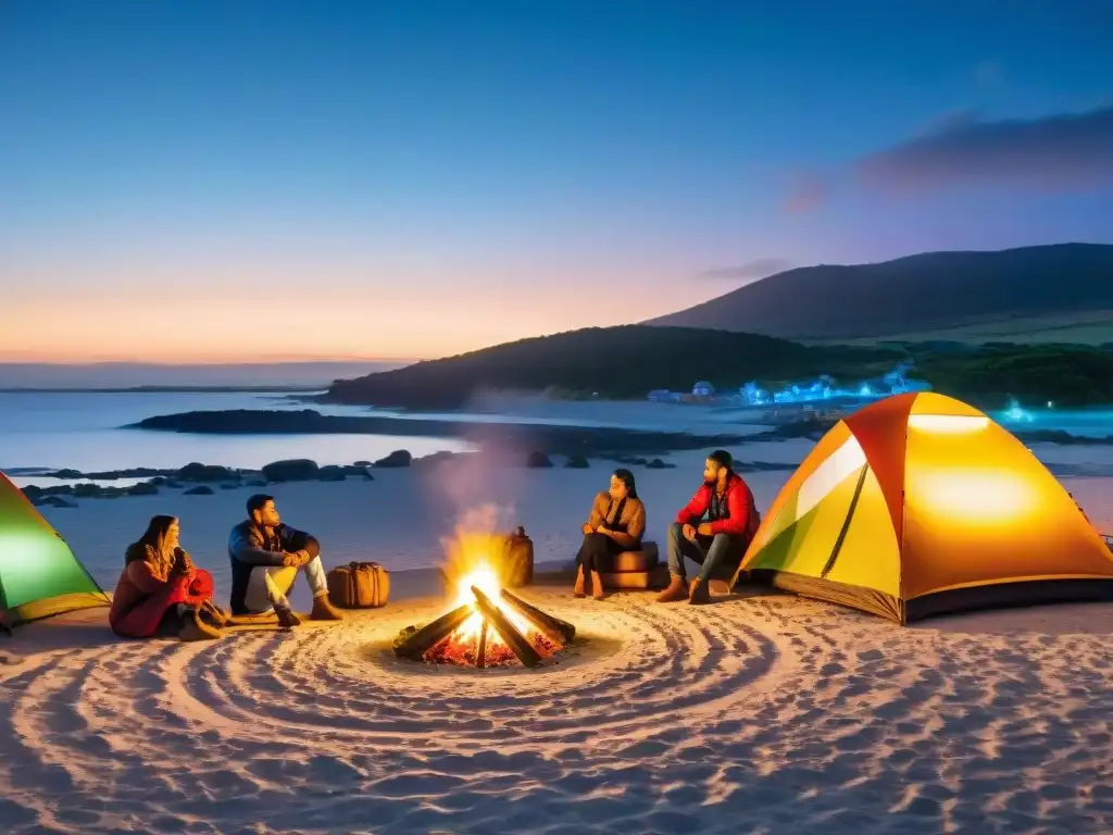 Ambiente festivo en un camping cultural en Uruguay con tiendas coloridas iluminadas y grupos disfrutando alrededor de fogatas bajo un cielo estrellado