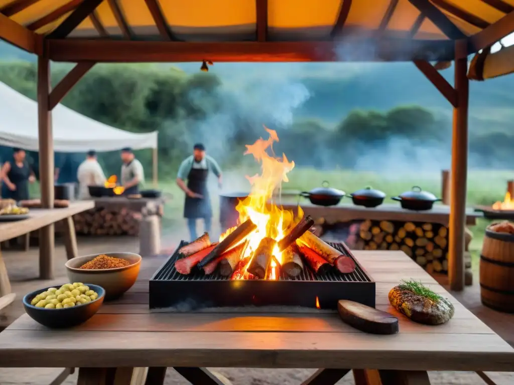 Un ambiente lleno de tradición culinaria uruguaya en un campamento, con fuego, parrillas y chefs preparando recetas tradicionales camping Uruguay