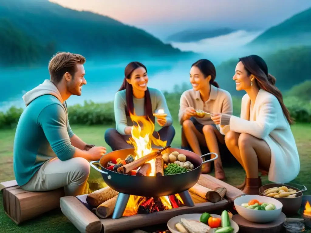 Amigos cocinan al aire libre bajo las estrellas, creando un ambiente cálido y acogedor