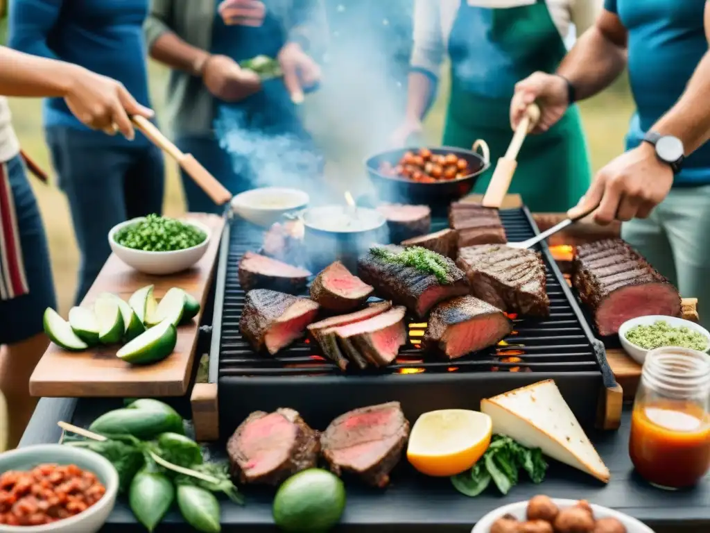 Amigos disfrutan de un asado argentino en camping, creando atmósfera cálida