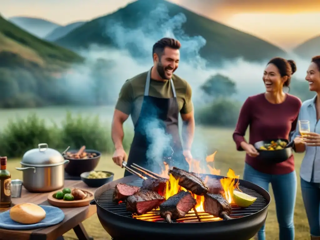 Amigos disfrutando de un asado perfecto en un camping al atardecer