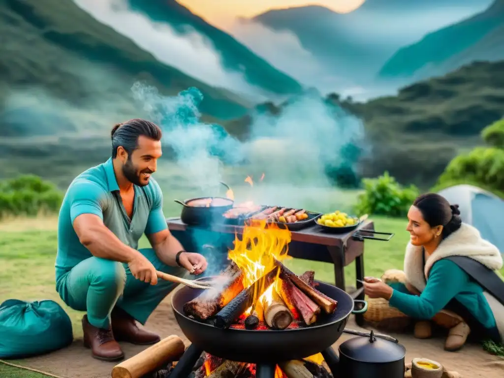 Amigos disfrutando un asado uruguayo en el camping, rodeados de naturaleza exuberante