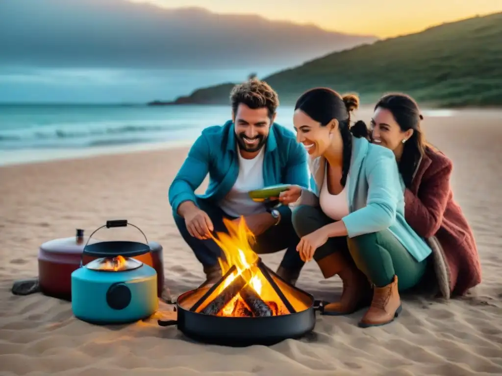 Amigos disfrutan de un asado uruguayo alrededor de una cocina portátil en la playa