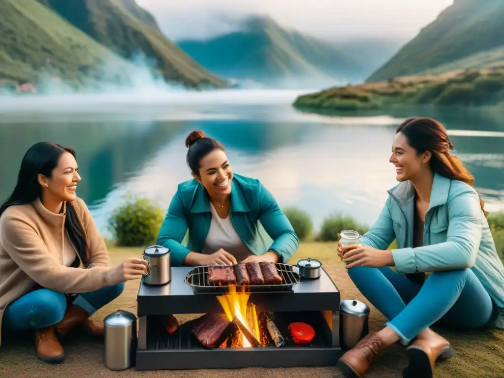 Amigos cocinan asado uruguayo en fogón portátil en camping con lago