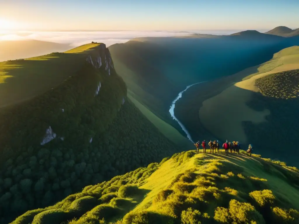 Amigos disfrutan atardecer en acantilado, señalando horizonte en valle verde de Uruguay