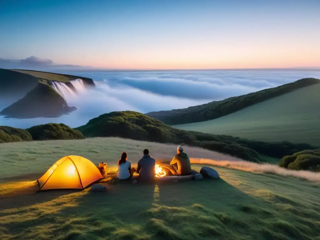 Amigos disfrutan de la camaradería alrededor de la fogata bajo el cielo estrellado en un campamento en las colinas de Uruguay