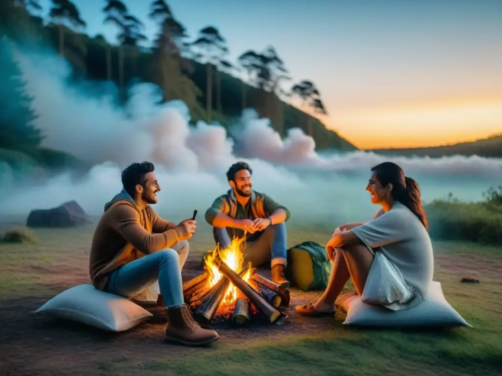 Amigos disfrutan de la camaradería alrededor de fogata en claro del bosque de Uruguay