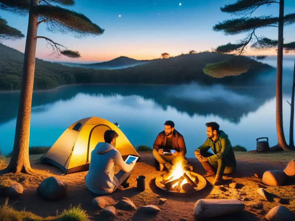 Amigos en camping digital en Uruguay, rodeados de naturaleza, usando tecnología alrededor de una fogata al atardecer