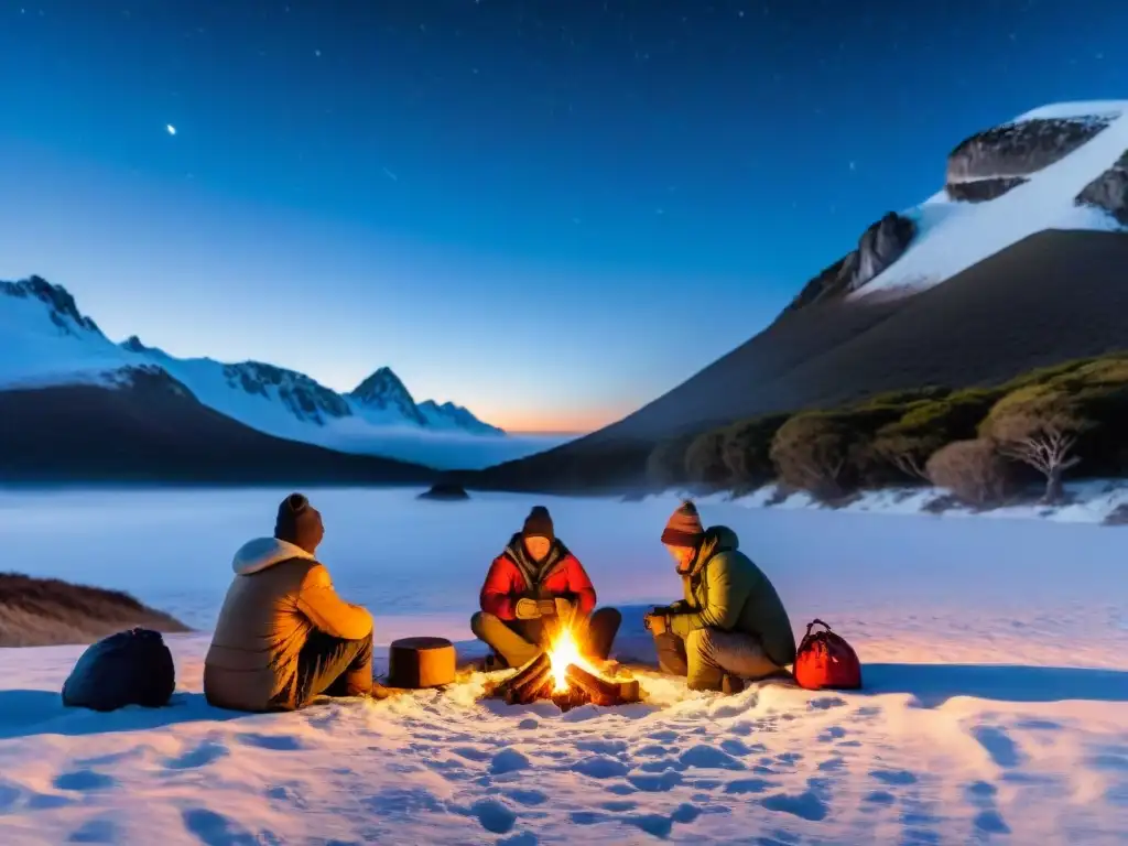 Amigos disfrutan el camping en invierno en Uruguay, junto a una fogata bajo un cielo estrellado y tiendas de campaña cubiertas de nieve