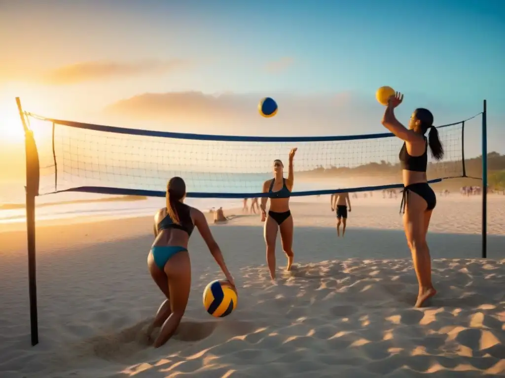 Amigos montando campo voleibol playa Uruguay al atardecer, con palmeras y sombrillas coloridas