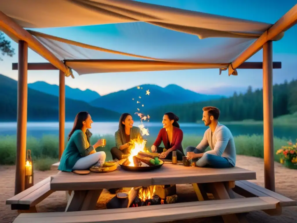 Amigos disfrutan de una cena al aire libre alrededor de una fogata, bajo las estrellas