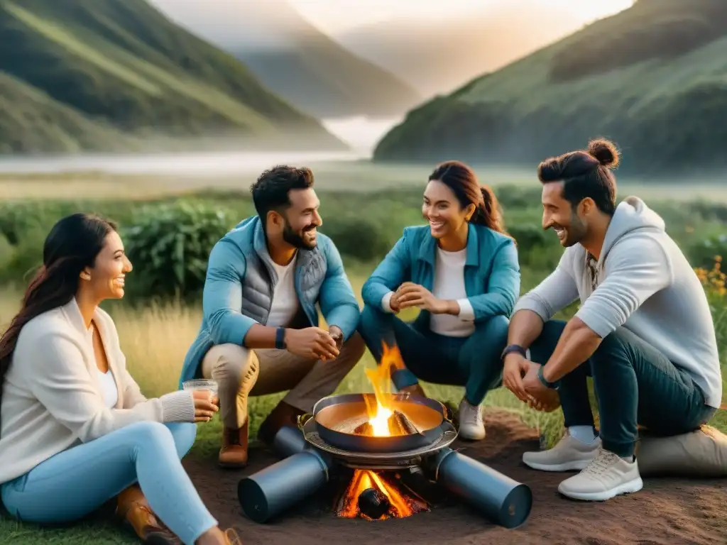 Amigos disfrutan de una cena alrededor de una cocina portátil en un camping de Uruguay al atardecer