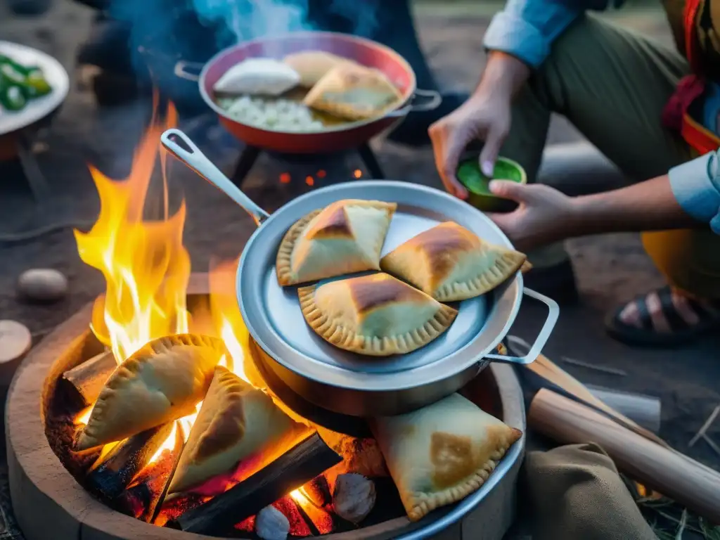 Amigos disfrutan de empanadas uruguayas cocinadas en disco de camping alrededor de fogata al anochecer