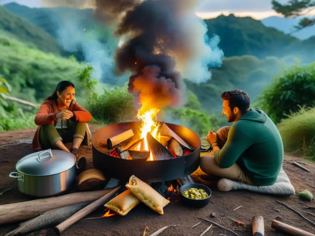 Amigos preparando empanadas uruguayas alrededor de fogata en el bosque con un disco de cocina, creando un ambiente de camping único