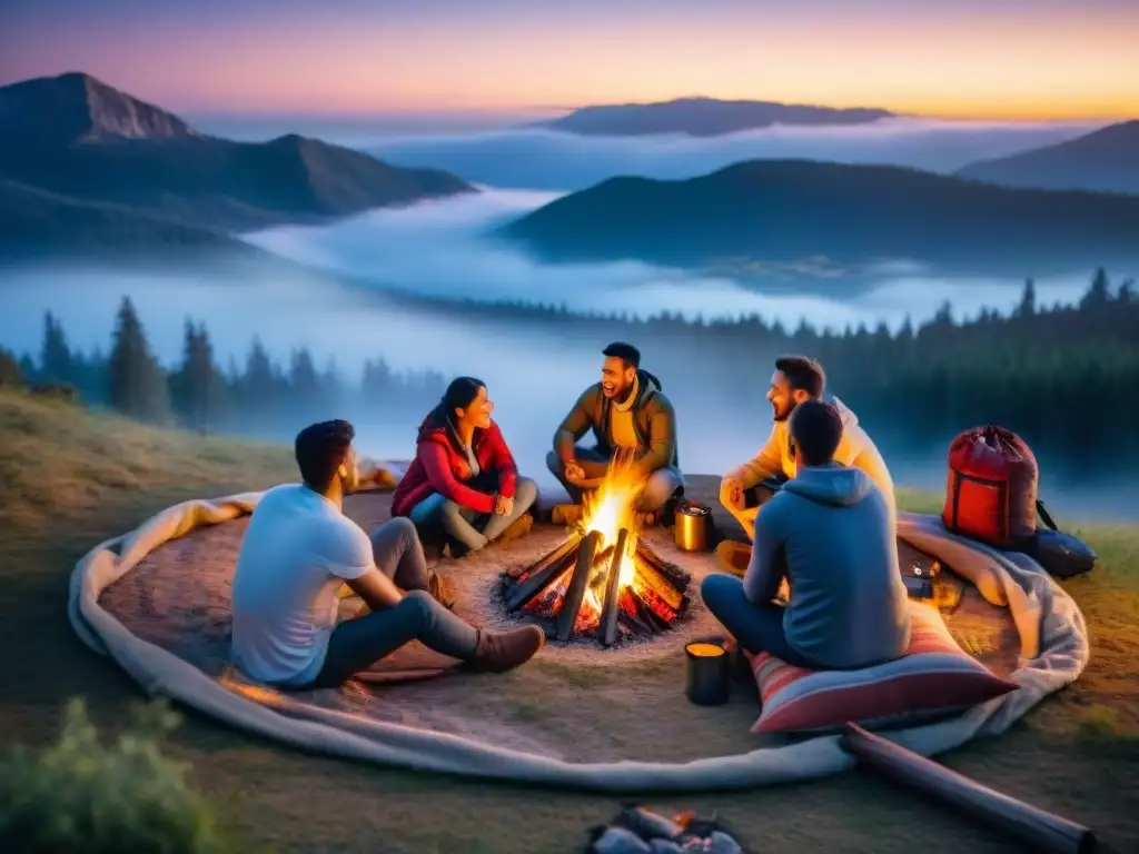 Amigos felices asando carne seca sobre fogata en acampada bajo las estrellas