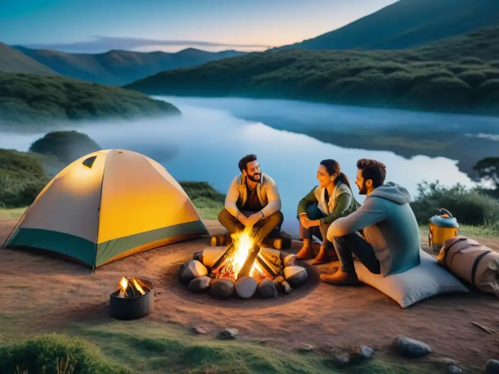 Amigos disfrutando de una fogata en un campamento en Uruguay bajo el cielo estrellado