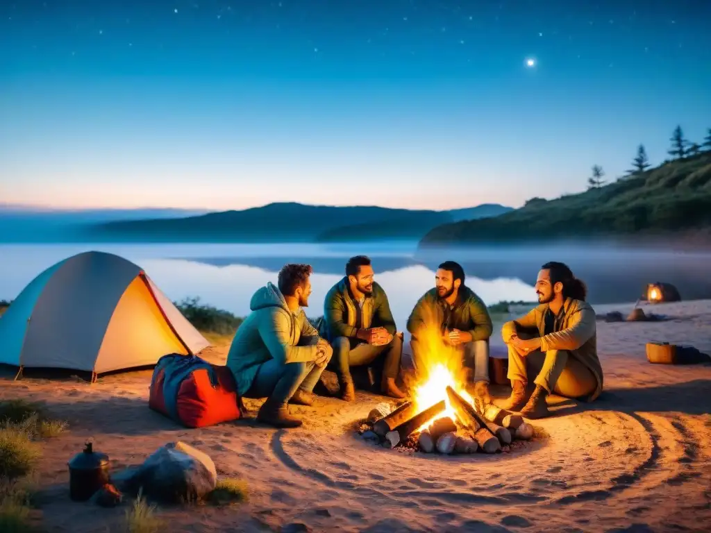 Amigos riendo alrededor de fogata en campamento Uruguay con snacks deshidratados para camping