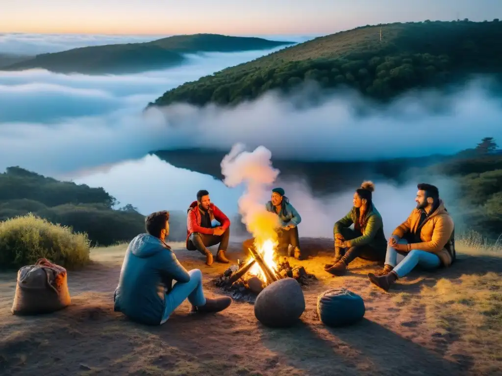 Amigos alrededor de fogata en camping en Uruguay al anochecer, con drone capturando el momento