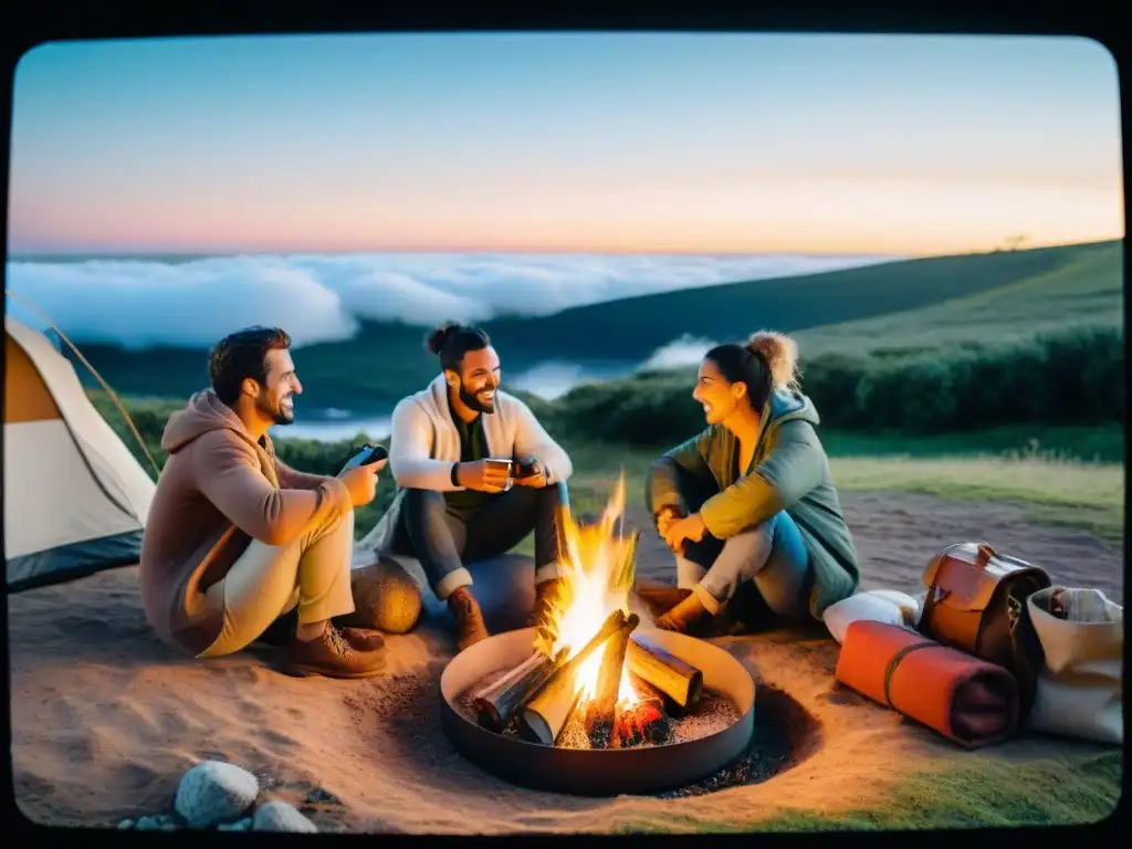 Amigos riendo alrededor de fogata en camping uruguayo, con cámara instantánea lista para capturar recuerdos