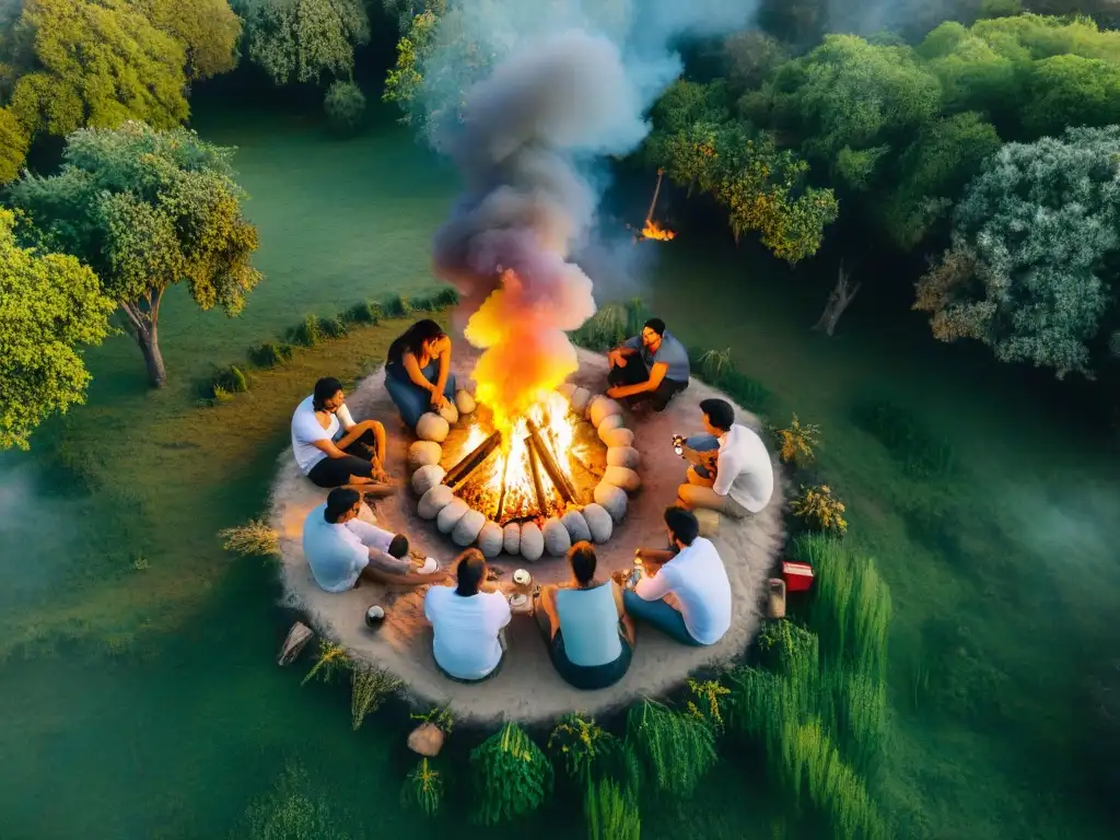 Amigos alrededor de fogata en Uruguay, drone captura la escena