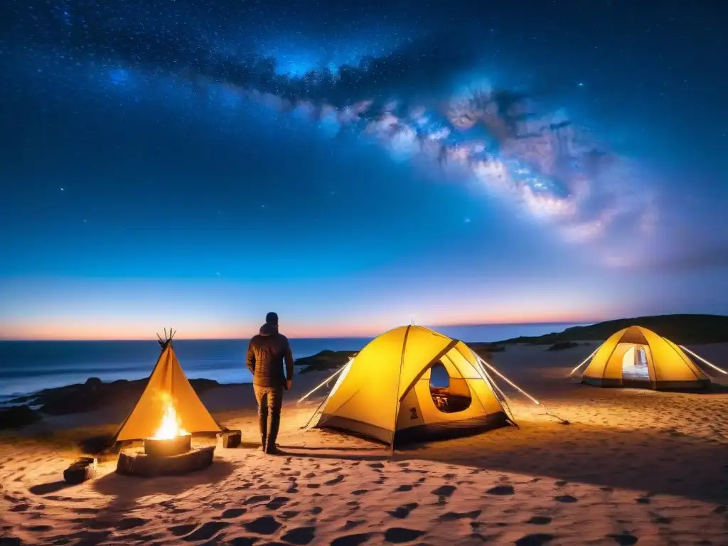 Amigos riendo alrededor de fogata bajo estrellas en Cabo Polonio, Uruguay